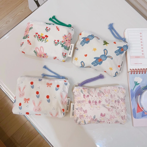 Simpatico Coniglio Tela Portamonete Mini Cotone Chiusura Lampo Pochette Borsa Per Auricolari Rossetto Portatile