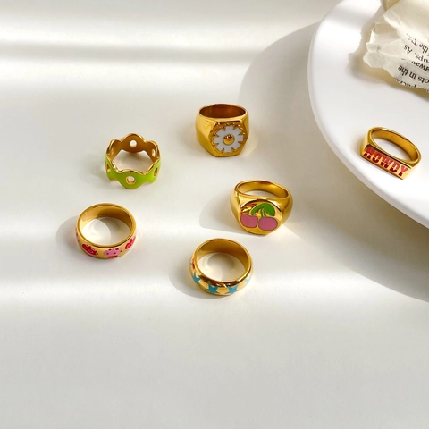 Titanium Steel Enamel Ring Colorful Mushroom Star Daisy Pattern Signet Retro Y2K Jewelry For Women