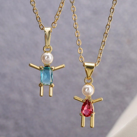 Cute Human Figure Pendant Necklace Copper Gold Plated Robot Boy Girl Zircon Artificial Pearl Minimalist Fashion Jewelry For Women