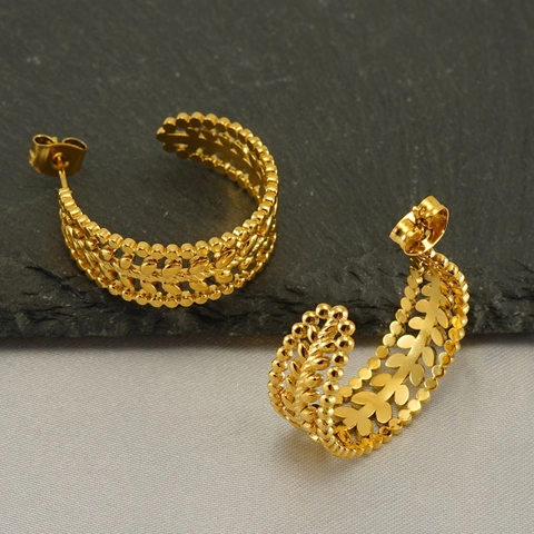 Hollow Wheat Ear C-Shaped Hoop Earrings For Women Stainless Steel Gold Plated Geometric Textured Minimalist Ins Style