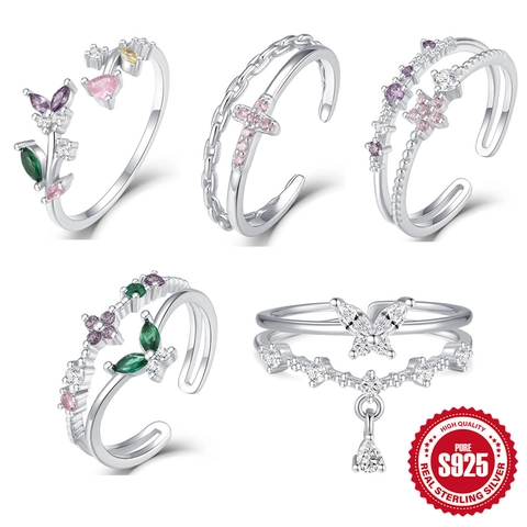 Anello Aperto Regolabile in Argento Sterling S925 da Donna Zirconia Colorata Fiore Farfalla Croce Gioielli per Dita a Doppio Strato