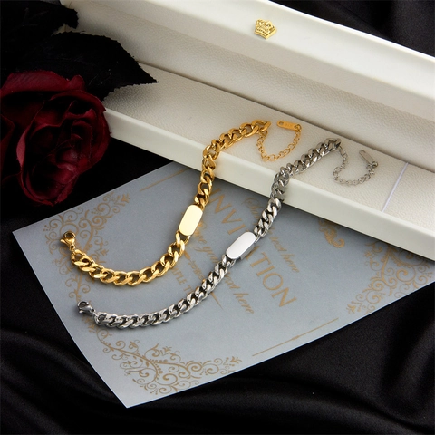 Unisex Stainless Steel Bold Cuban Link Chain Necklace And Bracelet Gold Silver Plated ID Tag Hip Hop Punk Fashion Jewelry