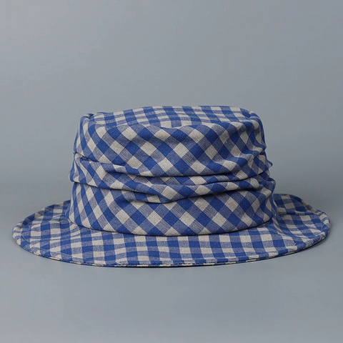 Cotton Linen Checkered Bucket Hat For Men Women Summer Outdoor Sun Protection Foldable Pleated Wide Brim Fisherman Cap