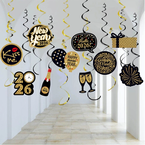 Decorazioni A Spirale Sospese Felice Anno Nuovo Nero Oro Luccicante Arredamento Soffitto Per Festa Di Capodanno