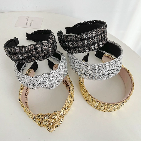 Wide Knotted Headband Woven Metallic Luster Texture Hair Accessory For Women Elegant Retro High Top Hairband