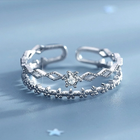 Double Layer Open Ring Copper Zircon Hollow Geometric Rhombus Flower Adjustable Korean Elegant Jewelry For Women