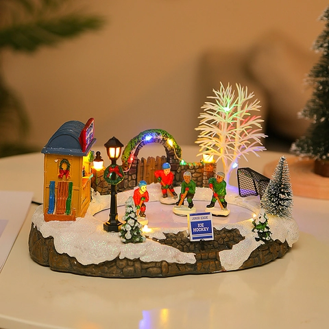 Animated Musical Christmas Village Ice Hockey Rink LED Luminous Resin Snow Scene House Desktop Holiday Ornament Gift