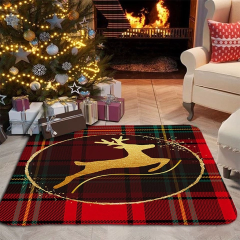 Christmas Floor Mat Flannel Polyester Non Slip Absorbent Rug Hallway Kitchen Doorway Tartan Plaid Holiday Home Decoration