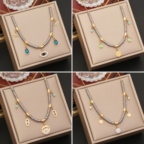 Böser Blick Anhänger Halskette Edelstahl Perlen Strass Wassertropfen Hamsa Blume Schmuck Für Damen