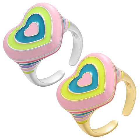 Anillo Abierto de Corazón de Esmalte Colorido Arcoíris Ajustable de Cobre Anillos de Corazón para Mujer Joyería de Moda Regalo de Cumpleaños