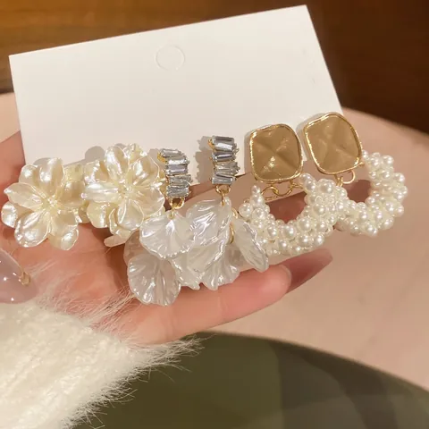 Flower Studs And Artificial Pearl Hoop Earrings With Rhinestones And Silver Earring Posts For Women Gold Plated Jewelry Accessories