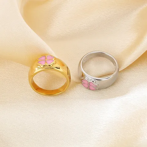 Edelstahl Ring Rosa Emaille Kleeblatt Herz Blume Breitband Modeschmuck Für Damen