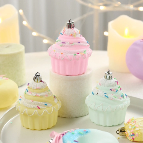 Christmas Tree Ornaments Candy Lollipop Cupcake Donut Popsicle Shapes Plastic Hanging Pendants Macaron Color Glitter Decor