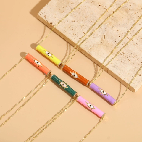 Ins Style Fashion Copper Evil Eye Cylindrical Pendant Necklace For Women Colorful Enamel Zirconia Inlaid Necklace Jewelry Gift