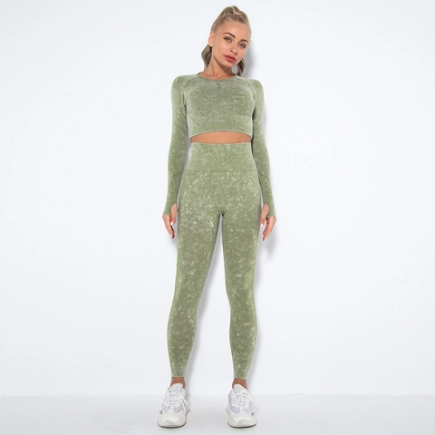 Naadloze Yoga Outfits Dames Acid Wash Lange Mouwen Crop Top En Hoge Taille Leggings Fitness Gym Sportkleding