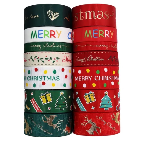 Christmas Ribbon Polyester Grosgrain Satin Fabric For Gift Wrapping Cake Decoration DIY Craft Merry Christmas Print