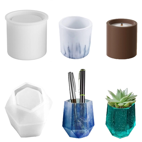 Silicone Molds For Resin Plaster Candle Cup Hexagon Round Pen Holder Makeup Brush Storage Jar Geometric Craft Tools