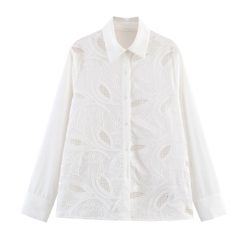 Dames Blouse Polyester Borduurwerk Opengewerkt Lange Mouwen Revers Knoppen Franse Romantische Stijl Elegant Effen Top