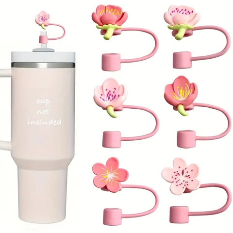 Silicone Straw Cover Caps Dustproof Reusable Pink Cherry Blossom Peach Flower Shape Drinking Accessory