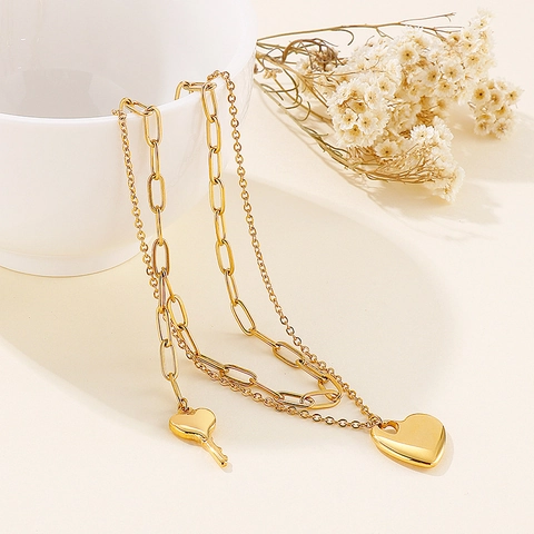 Double Layer Necklace Stainless Steel Heart And Figure Pendant Paperclip Chain Elegant Jewelry For Women