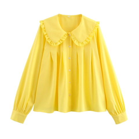 Women Sweet Yellow Blouse Peter Pan Collar Ruffle Trim Long Sleeve Loose Fit Polyester Shirt Casual Solid Color Tops