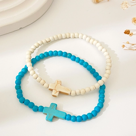 Bohemian Ethnic Turquoise Beaded Bracelet Set For Men Women Cross Pendant Couple Stretch Hand Chain Vintage Religious Jewelry Gift