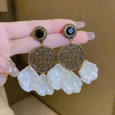 Hangende Oorbellen Legering Holle Mandala Schijf Schelptextuur Bloemblaadjes 925 Sterling Zilveren Oorsteker Retro Etnische Stijl
