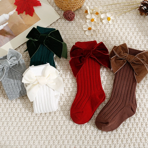 Kids Knee High Socks Combed Cotton Ribbed Knit Large Velvet Bow Spanish Style For Baby Toddler Girls Christmas