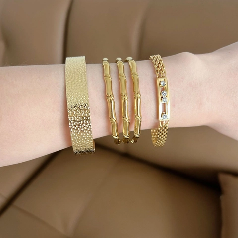 Women Fashion Stainless Steel Gold Open Bangle Hammered Pattern Bamboo Joint Sliding Rhinestone Chain Bracelet Jewelry Gift