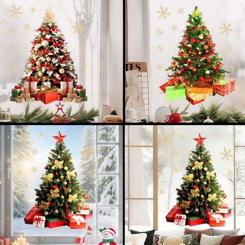 Christmas Window Stickers PVC Static Cling Xmas Tree Gift Box Gold Snowflakes Holiday Decoration Glass Surface Reusable