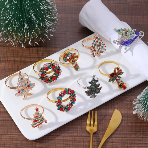 Ronds De Serviette Noël Alliage Strass Colorés Sapin Couronne Traîneau Décoration Table Fête