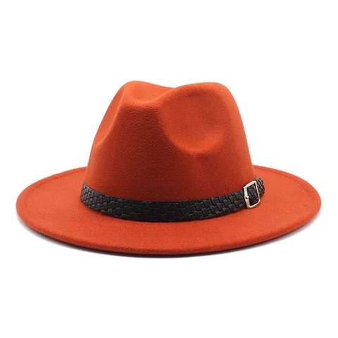 Unisex Wide Brim Fedora Hat Vintage Felt Jazz Cap With Braided Belt Buckle Solid Color Elegant Autumn Winter Accessory