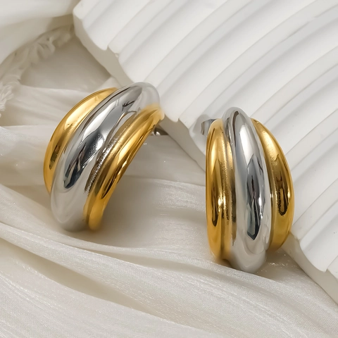Orecchini A Cerchio A Forma Di C Placcati Oro 18K Acciaio Inossidabile 304 Bicolore Lisci Larghi Da Donna Trendy Minimalisti