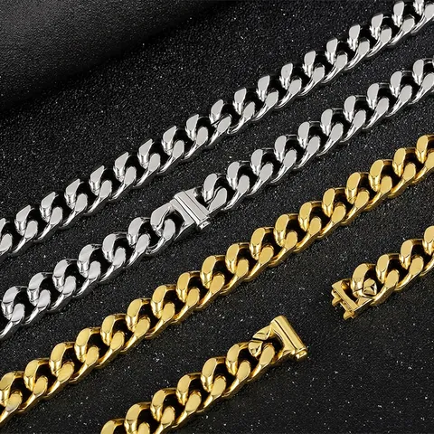 Collar De Cadena De Eslabones Cubanos Para Hombre Acero Inoxidable Chapado En Oro 18K Hip Hop