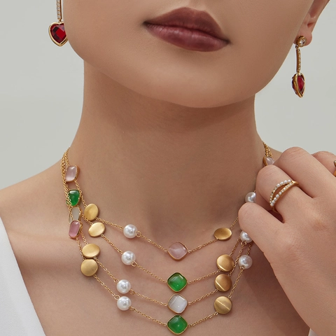 Elegant Stainless Steel Necklace For Women 18K Gold Plated Cat's Eye Stone Imitation Artificial Pearl Adjustable Pendant Jewelry