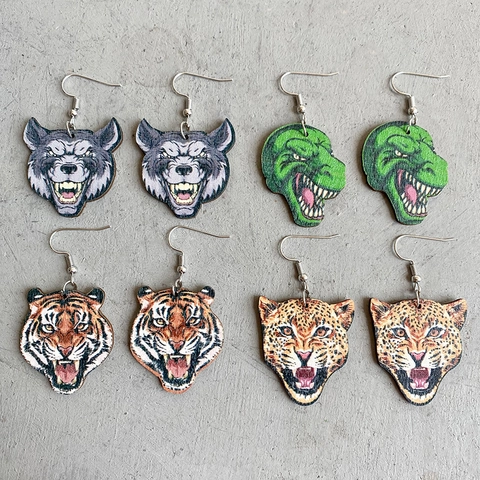 Wooden Animal Head Dangle Earrings For Women Wolf Dinosaur Tiger Leopard Trendy Statement Novelty Jewelry