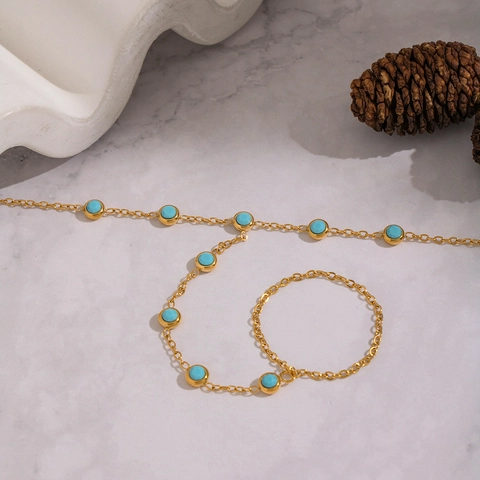 Turquoise Hand Chain Bracelet With Ring 18K Gold Plated Stainless Steel Bohemian Vintage Jewelry For Women Waterproof