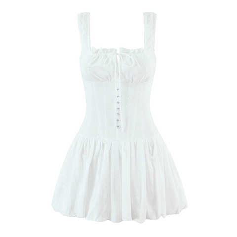Weißes Camisole Minikleid Mit Baumwollstickerei Eckiger Ausschnitt Gesmokte Taille A-Linie Süßer Stil Damen