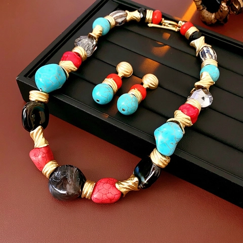 Bohemian Vintage Halskette Und Ohrringe Perlen Bunte Harz Keramik Legierung Mit Silber Ohrstecker Für Damen