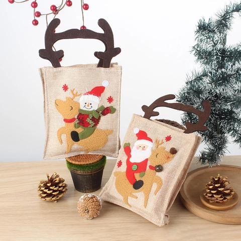 Christmas Gift Candy Bags Burlap Fabric Antler Handle Santa Snowman Embroidery Festive Party Treat Handbags