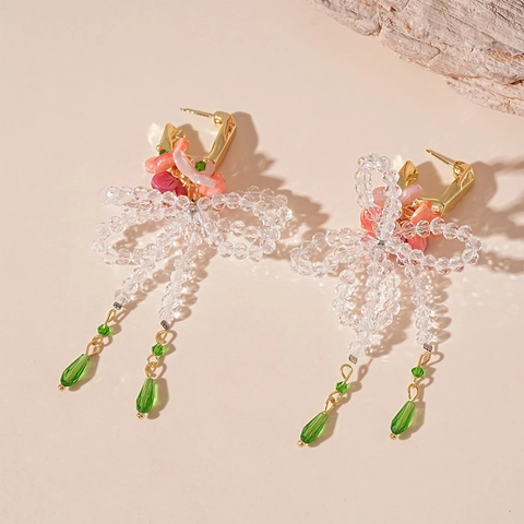 Pendientes Colgantes De Borla Con Lazo De Flores De Resina Con Cuentas De Vidrio Aleación Y Poste De Plata Mujer
