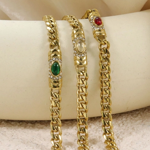 Bracciale Vintage in Acciaio Inossidabile Placcato Oro Maglia Cubana Donna Lusso Ovale Rosso Verde Giallo Strass Gioielli