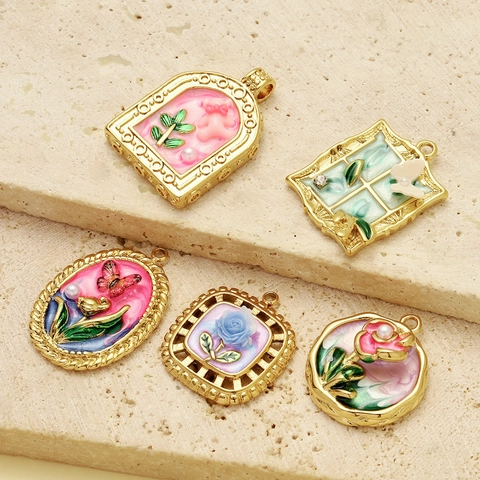 Vintage Olieverfstijl Vlinder Bloem Hart Hangers Roestvrijstalen Emaille Bedels Voor DIY Sieraden Maken