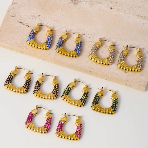 Baroque Striped Geometric U-Shaped Hoop Earrings Titanium Steel Colorful Zircon Micro-Set Vacuum Plated Jewelry For Women