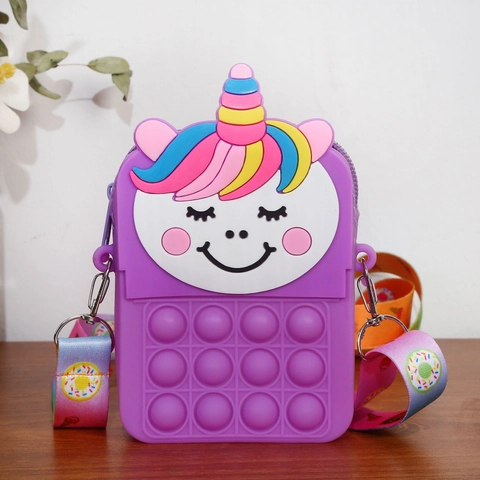 Unicorn Silicone Kids Crossbody Bag Pop It Bubble Fidget Decompression Shoulder Purse Rainbow Cartoon For Girls