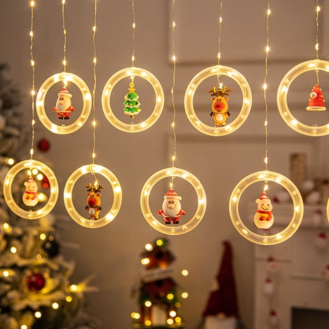 Christmas LED String Lights Warm White Window Curtain Ornaments Transparent Rings Santa Snowman Deer Figurines Holiday Decor