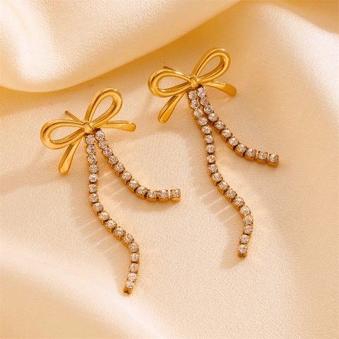Stainless Steel Bow Tassel Heart Earrings Rhinestone Inlaid Drop Earrings For Women Elegant Fashion Jewelry Gift
