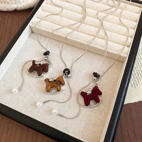 Collana Con Ciondolo Cavallo A Dondolo Floccato Zircone Lega Rame Catena Lunga Per Maglione Gioielli Eleganti Donna