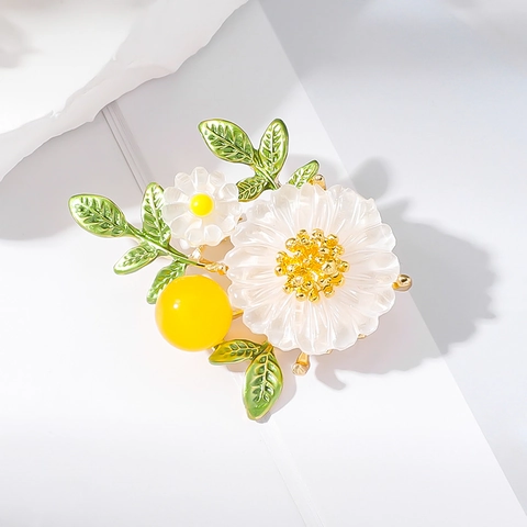 Spilla Fiore Di Margherita Smalto Foglia Verde Lega Tono Oro Corsage Per Le Donne Moda Gioielli Eleganti