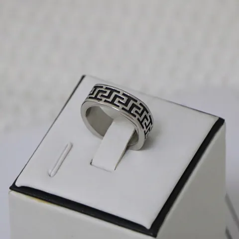 Vintage Herren Edelstahl Ring Griechisches Schlüsselmuster Geometrisch Quadratisch Rund Retro Band Schmuck